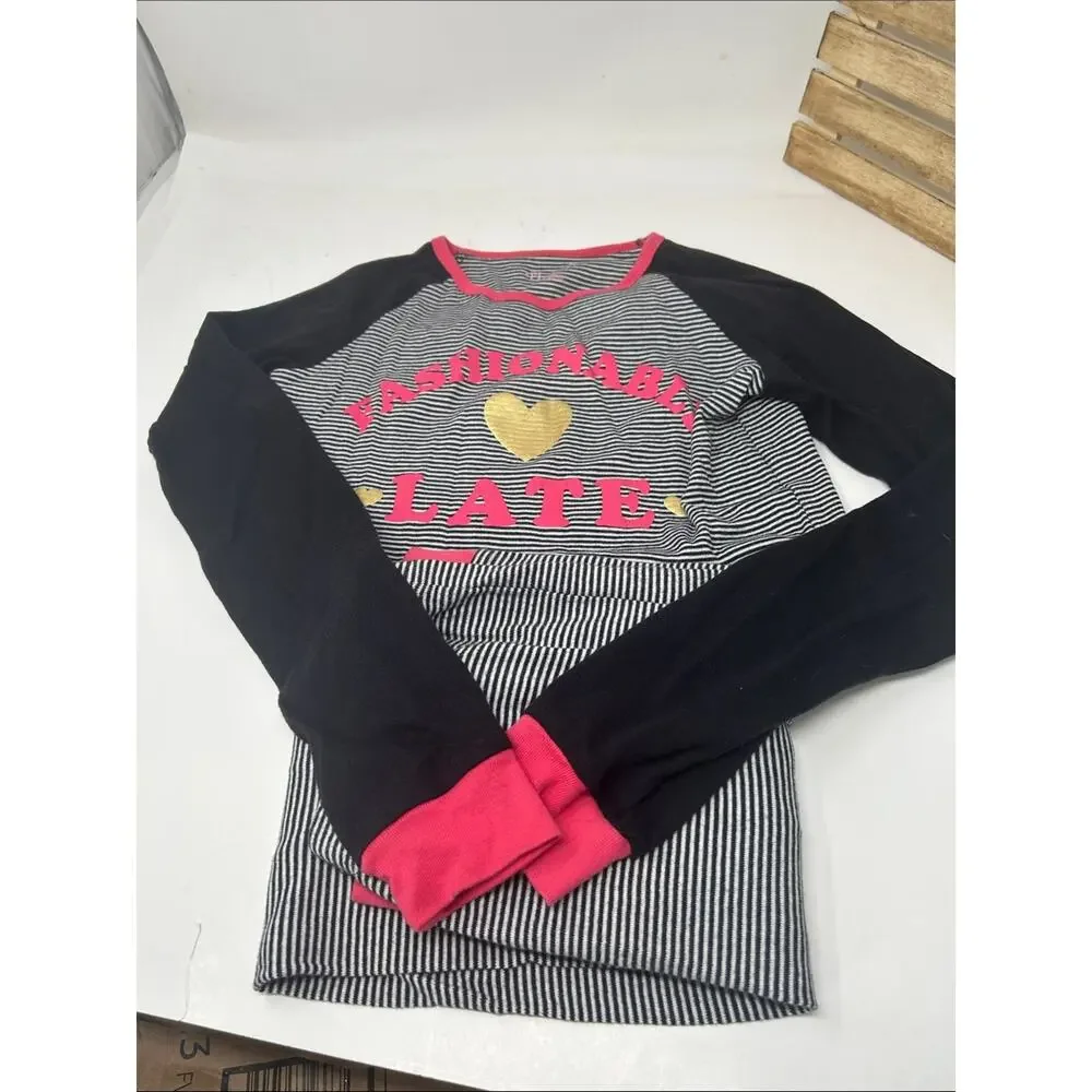 Place Girls Black & Pink Striped Pajama Set with Gold Heart Size 12
